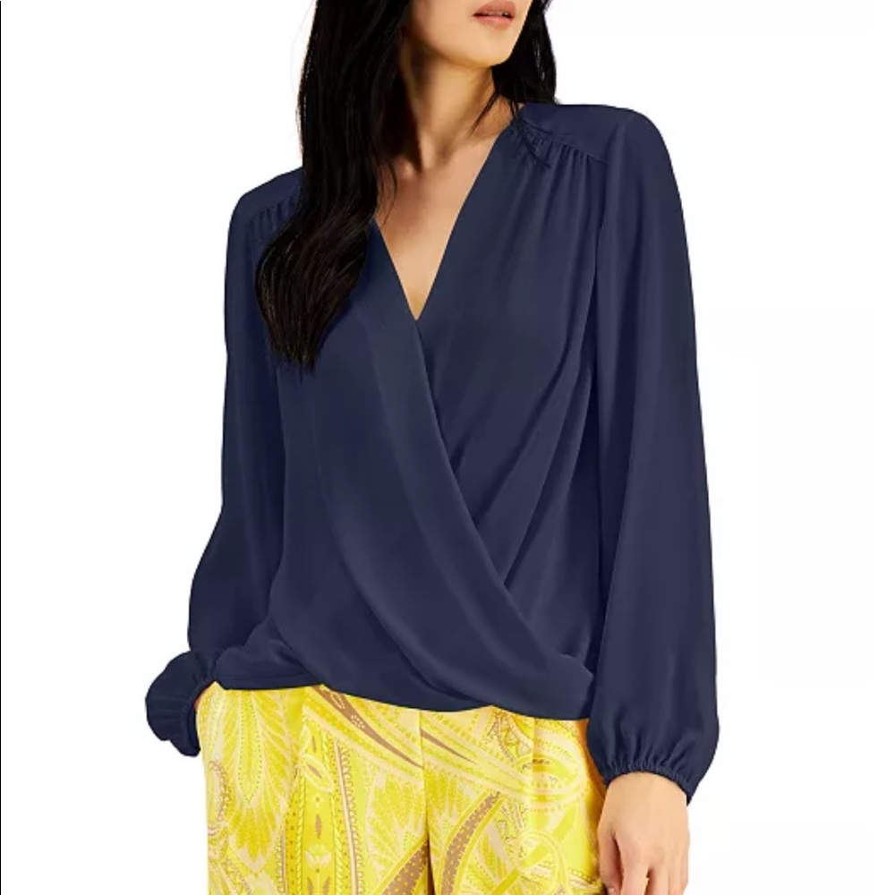 GAP Navy Blue Lightly Draped Cross Front Top Long Sleeves Size Medium
